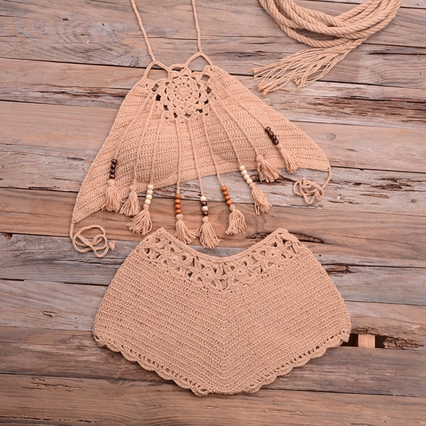 Shells Tassel Knitted Crochet 2 Piece Beachwear Khaki