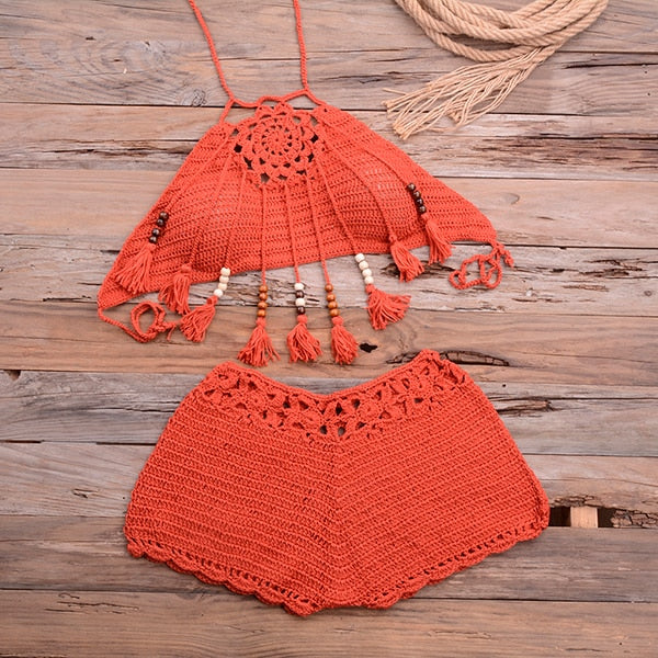 Shells Tassel Knitted Crochet 2 Piece Beachwear Rusty Red