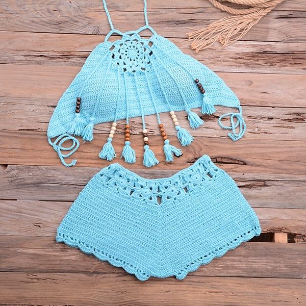 Shells Tassel Bikinis Knitted Crochet Swimsuit Swimwear Brazilian Summer Solid Bathing Suit Beachwear Sky Blue