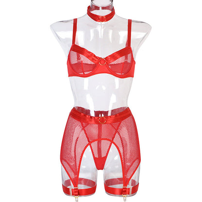 Six Piece Erotic Mesh Metal Lingerie Red