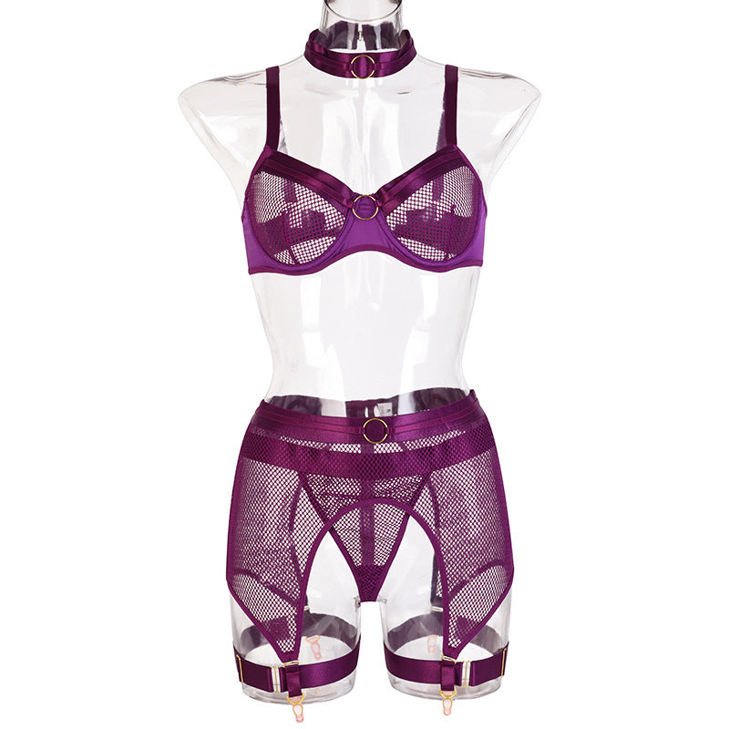 Six Piece Heavy Industry Complex Erotic Underwear Large Mesh Metal Lingerie Purple