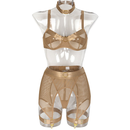 Six Piece Erotic Mesh Metal Lingerie Khaki