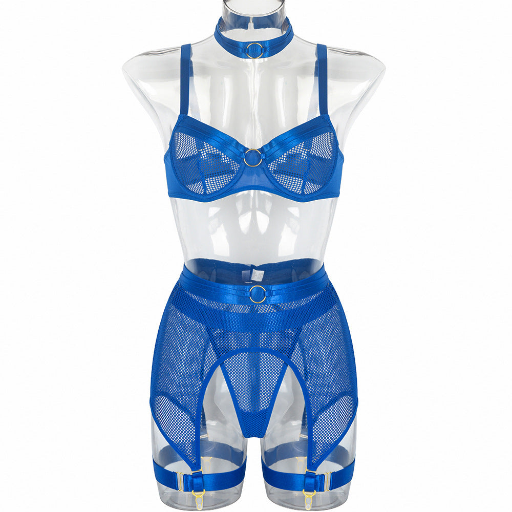 Six Piece Heavy Industry Complex Erotic Underwear Large Mesh Metal Lingerie Blue