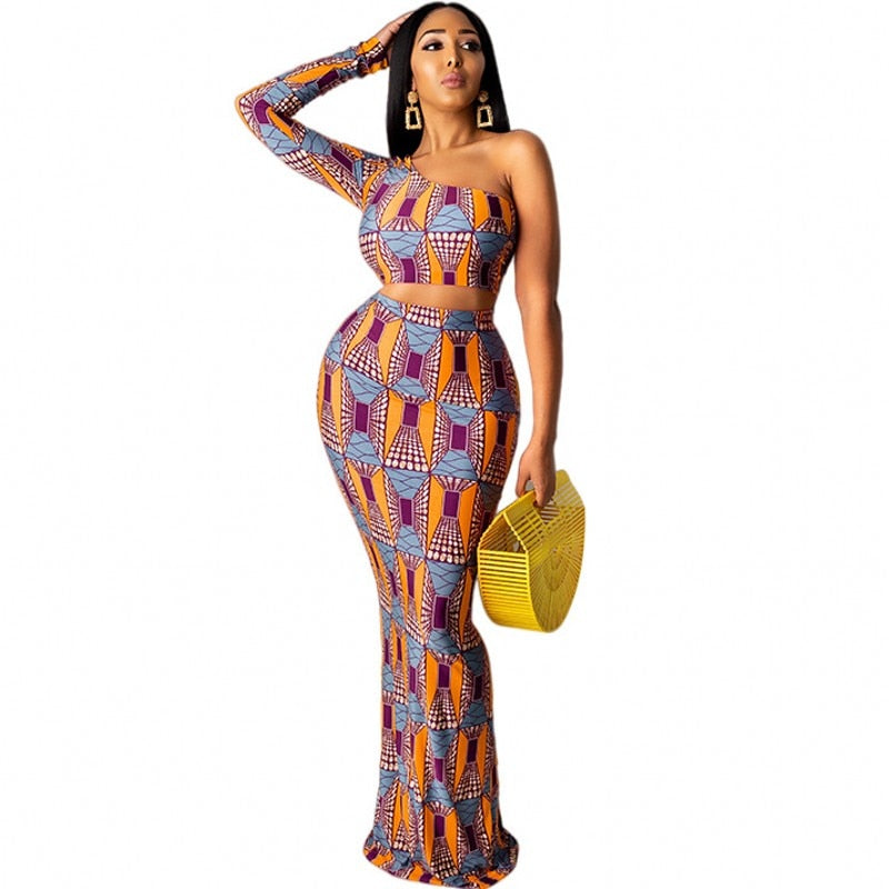 Skirt African Clothes Set Skew Neck Crop Tops Mermaid Skirt Suits Dashiki Elegant Streetwear African 2 Piece Outfits
