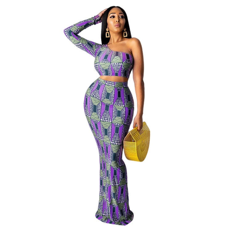 African Skew Neck Crop Tops Mermaid Skirt Elegant 2 Piece Outfit