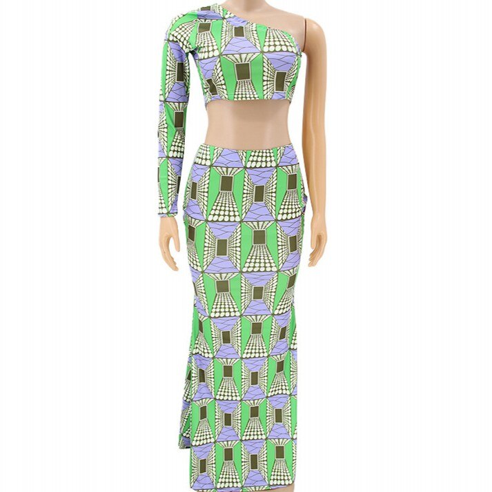 African Skew Neck Crop Tops Mermaid Skirt Elegant 2 Piece Outfit green