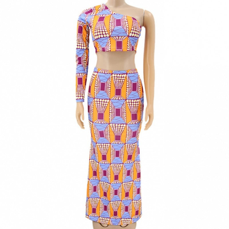 Skirt African Clothes Set Skew Neck Crop Tops Mermaid Skirt Suits Dashiki Elegant Streetwear African 2 Piece Outfits Orange