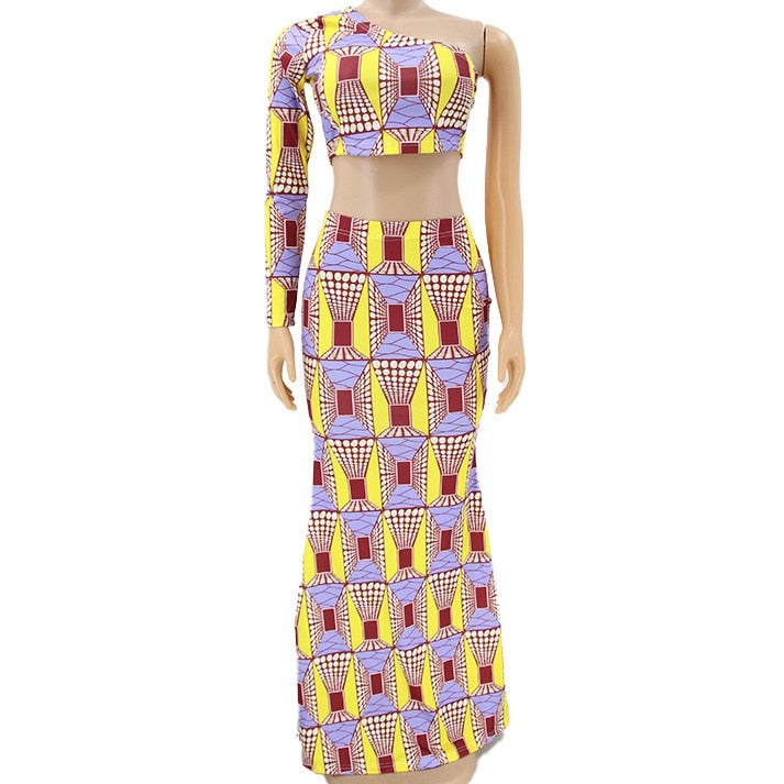 African Skew Neck Crop Tops Mermaid Skirt Elegant 2 Piece Outfit Yellow