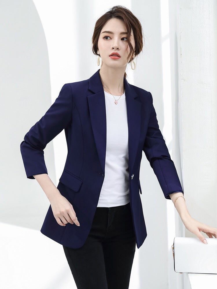 Small Suit Jacket Spring And Autumn New Korean Version Slim Temperament Casual Ladies Suit Jacket Top Blue