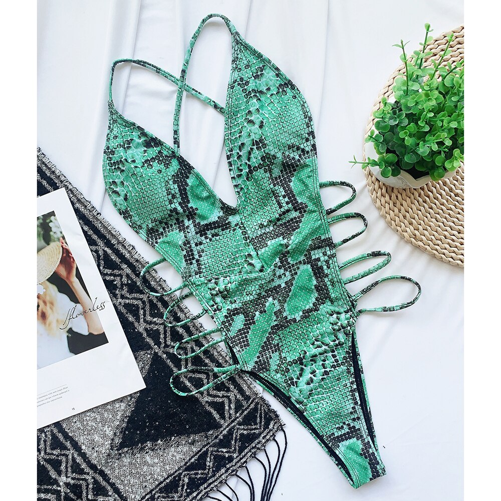 Snake Print One piece High Waist Hollow Swimwear Brazilian Deep V Swimsuit Female Backless Monokini Bathing Suit