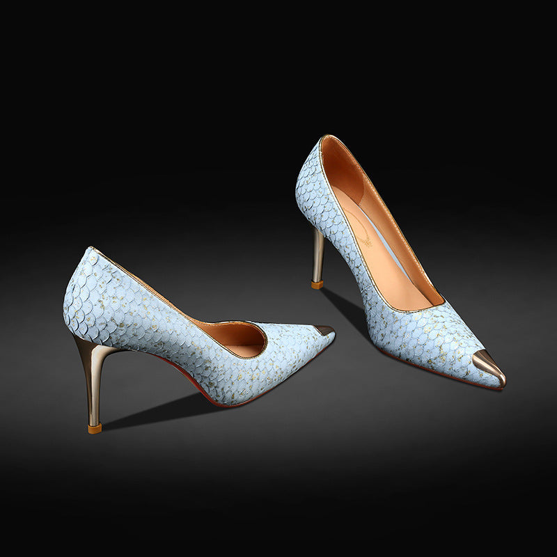 Snakeskin Shoes Autumn New French High Heels Pointed Toe Stiletto Fashion Shoes Black Silver Blue 36