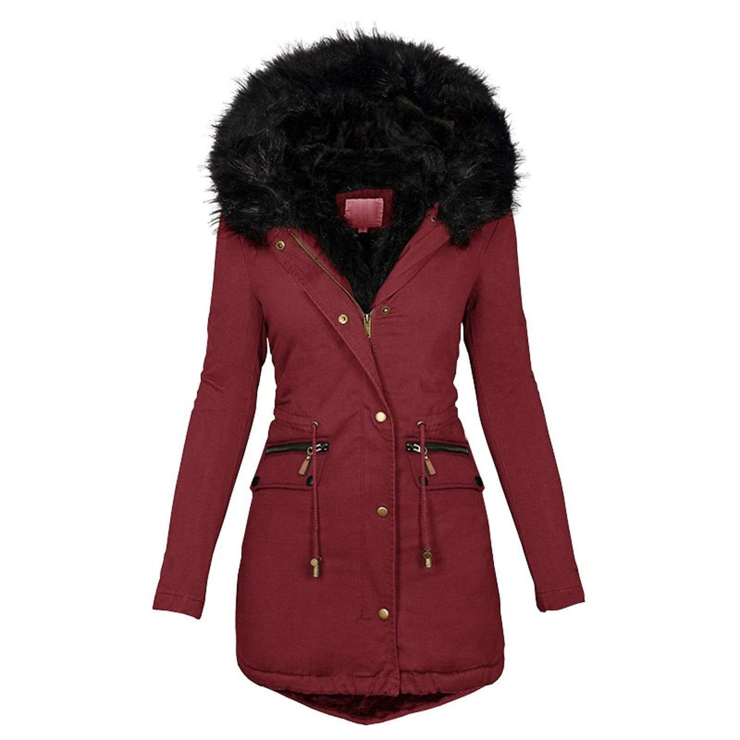Solid Color Collar Hooded Mid Length Warm Coat Wine Red M