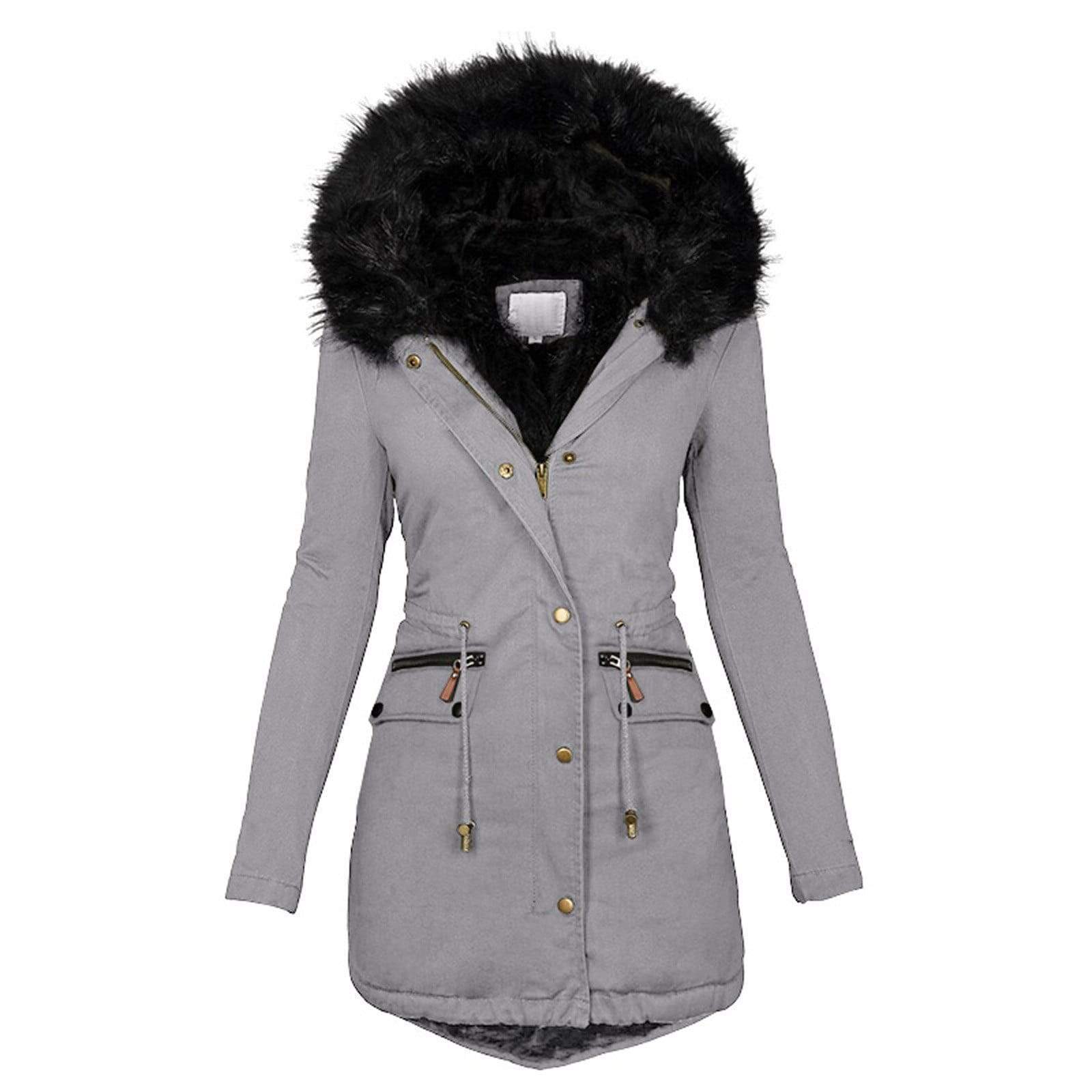 Solid Color Collar Hooded Mid Length Warm Coat Gray