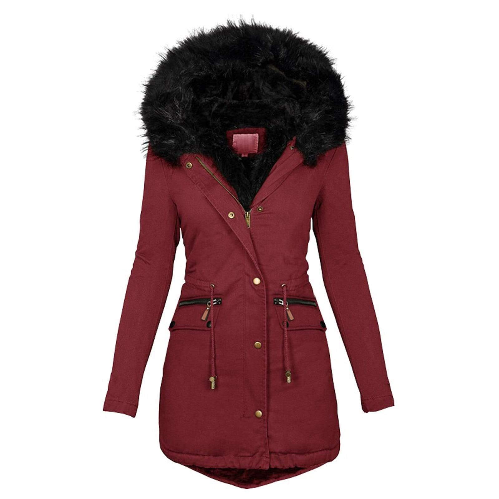 Solid Color Collar Hooded Mid Length Warm Coat Wine Red