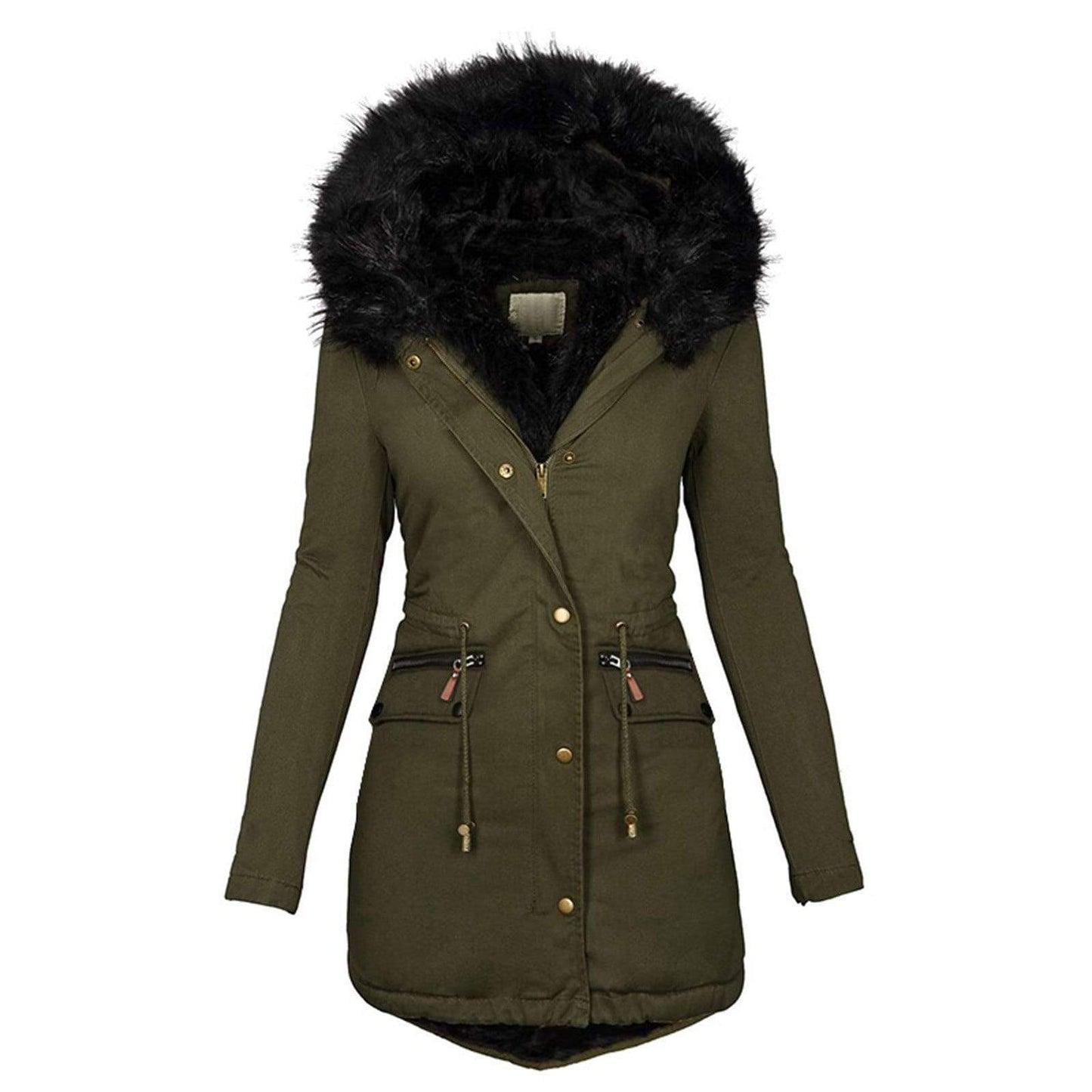 Solid Color Collar Hooded Mid Length Warm Coat Army Green