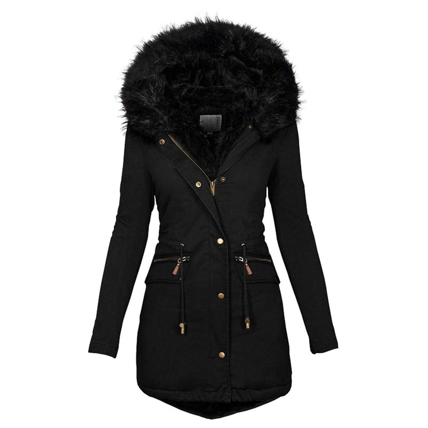 Solid Color Collar Hooded Mid Length Warm Coat Black
