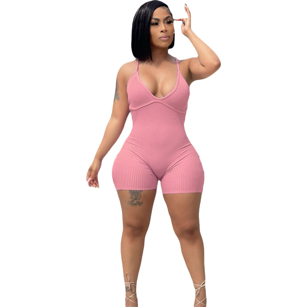 Solid Color Jumpsuit Summer Suspenders V Neck Catsuit Outdoor Club Clothing Pink
