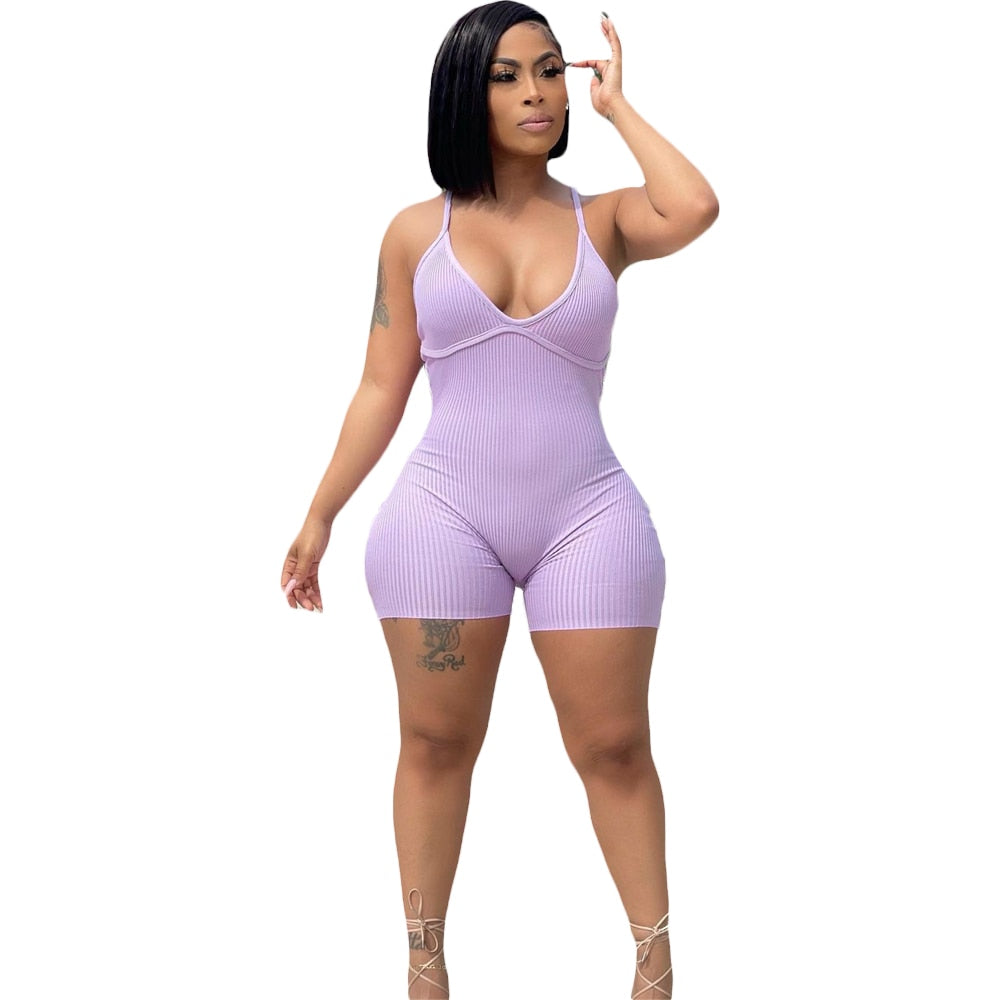 Solid Color Jumpsuit Summer Suspenders V Neck Catsuit Outdoor Club Clothing Lavender