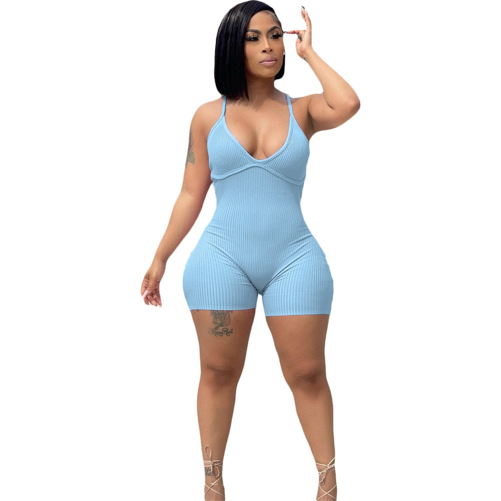 Solid Color Jumpsuit Summer Suspenders V Neck Catsuit Outdoor Club Clothing sky blue