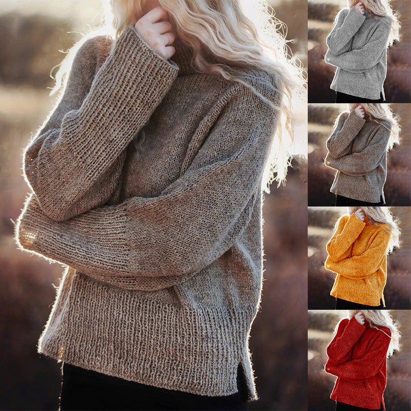 Solid Color Knit Sweater Pullover Regular Side Split Casual Sweater