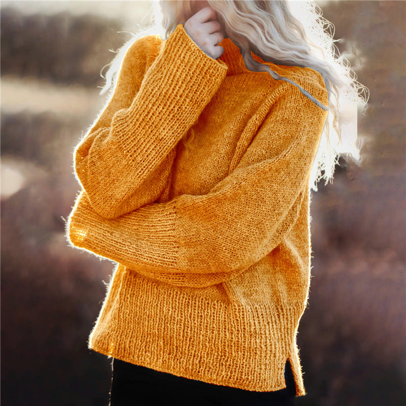 Solid Color Knit Sweater Pullover Regular Side Split Casual Sweater Yellow