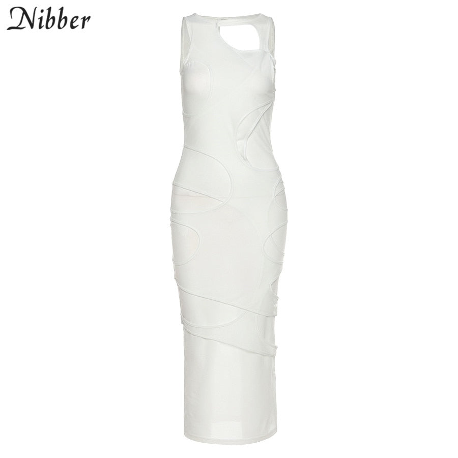 Solid Color Patchwork BodyconSleeveless Maxi Dresses For Women Spring Skinny Clubwear Outfits Basic Dresses Female White