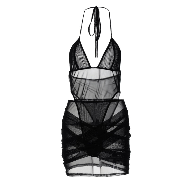 Spaghetti Strap Backless See Through Criss Cross Skirt Bodysuit black