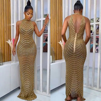 Sparkly Crystal Bodycon Maxi Evening Backless Mesh See Through Dress Gold