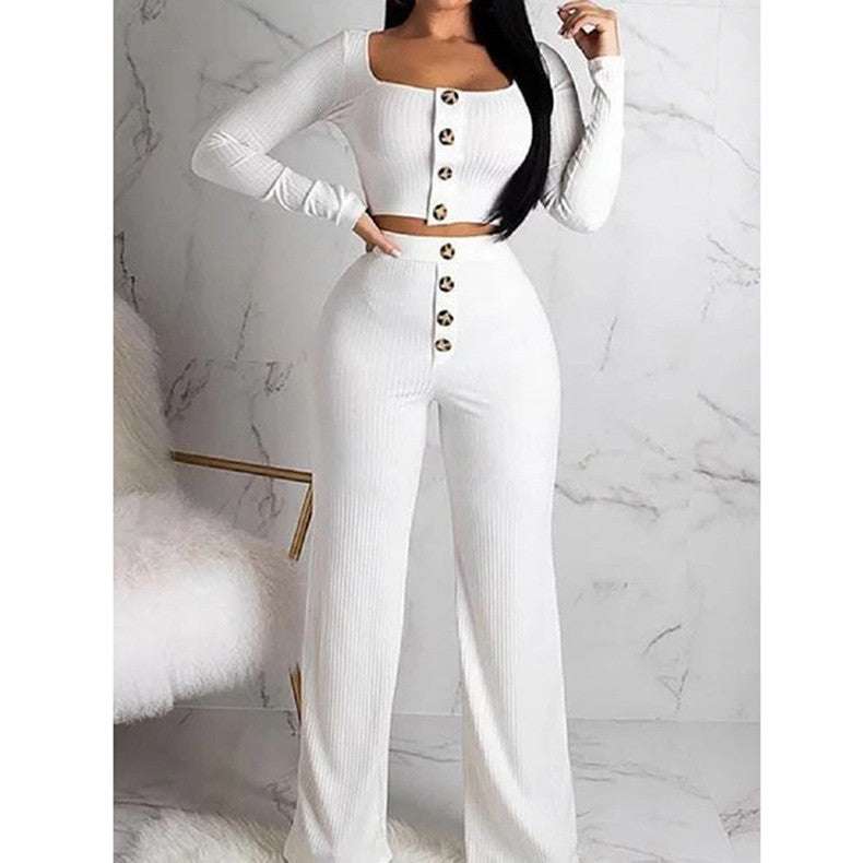 Long sleeved Cardigan Wide leg Pants Stretch Slim Button Outfit White