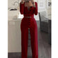 Long sleeved Cardigan Wide leg Pants Stretch Slim Button Outfit Wine red