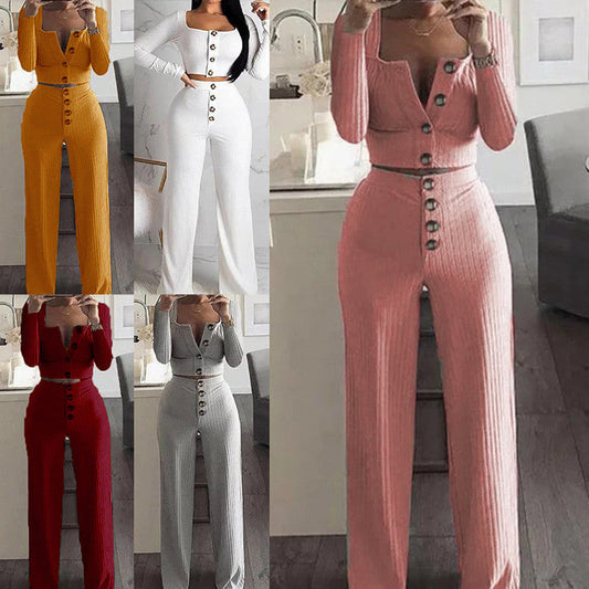 Spring And Autumn Fashion Long sleeved Cardigan Wide leg Pants Stretch Slim Button Casual Suit