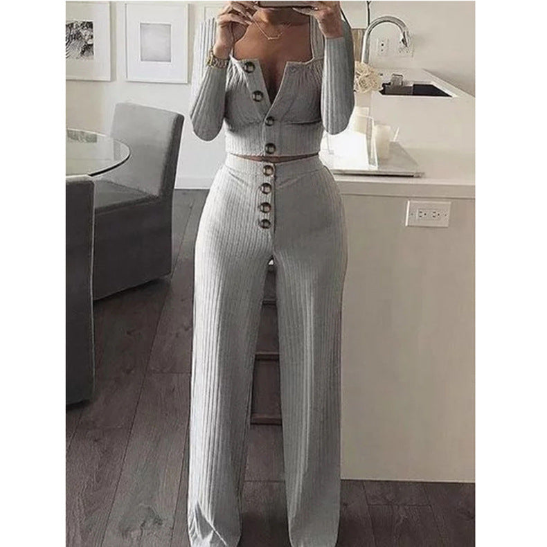 Long sleeved Cardigan Wide leg Pants Stretch Slim Button Outfit Grey