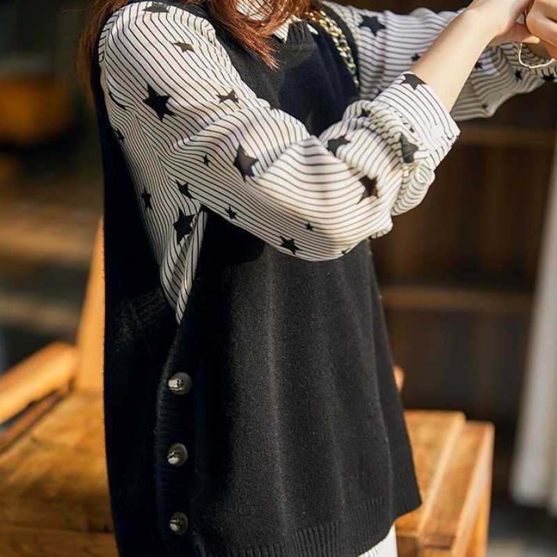 Spring And Autumn Sleeveless Knitted Waistcoat Loose Round Neck Sweater Vest Korean Style Outer Wear Wild Waistcoat Small Outer Wear Haze blue [original authentic] ] L recommended 110-120 kg