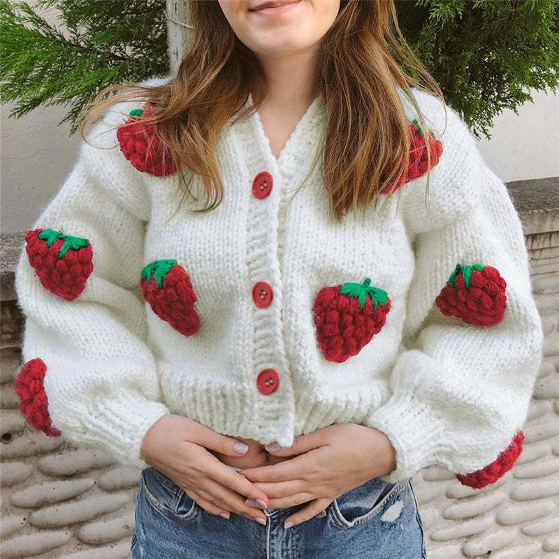 Strawberry Knitted Crop Sweater, Vintage Fruit Pattern Loose Style, Fruit Short Sweater, Femme Cardigan White