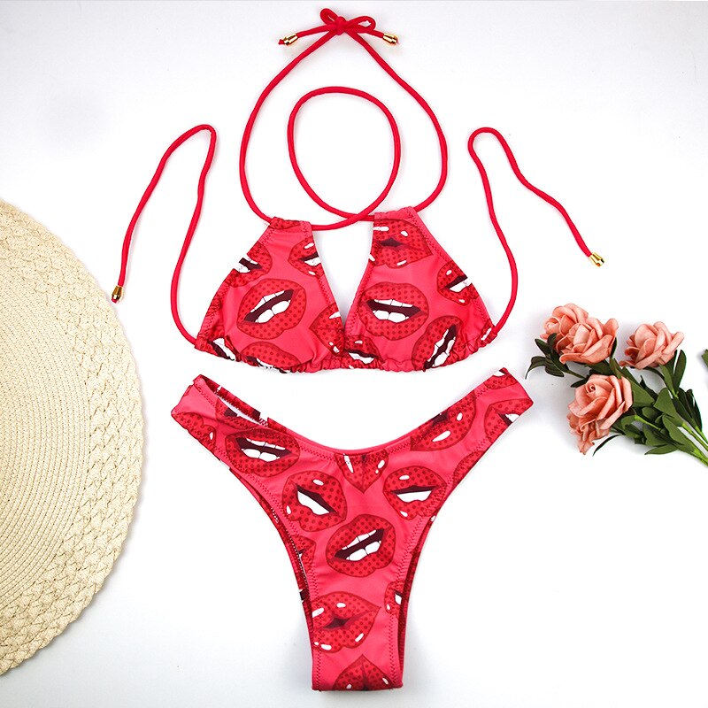 String Bikini Tanga Triangle Swimwear Red lips