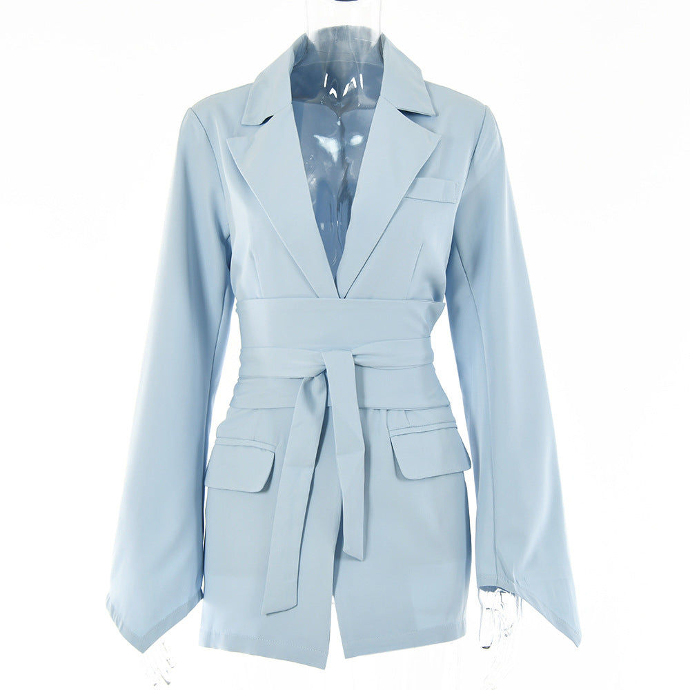 Style Hot Selling Spring New Cardigan Lace Waist Lapel Slim Suit Jacket Khaki L