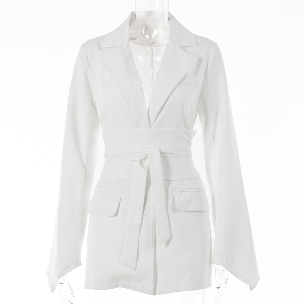 Style Hot Selling Spring New Cardigan Lace Waist Lapel Slim Suit Jacket White