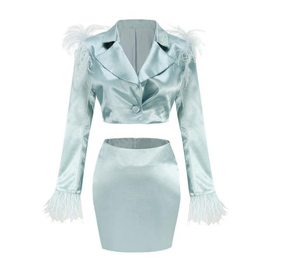 Suit Long Sleeve Feather Short Blazers Skirts Top Blue