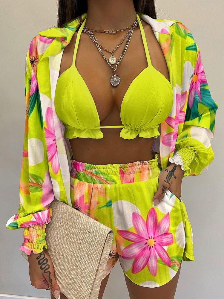 Summer 3 Piece Set Outfits Fashion Beach Style Printed Suspender Shirt Shorts Suit Three Piece Set