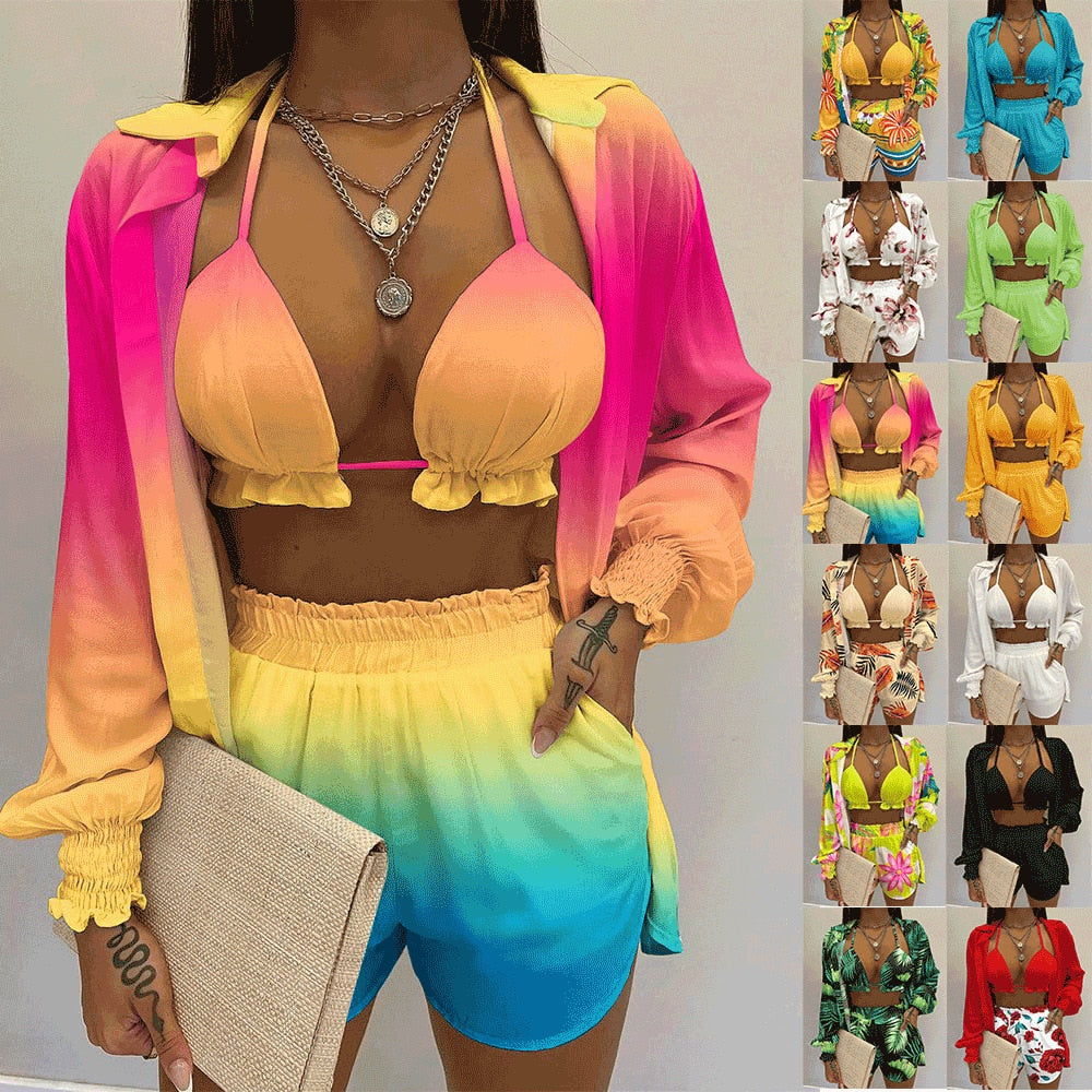 Summer 3 Piece Set Outfits Fashion Beach Style Printed Suspender Shirt Shorts Suit Three Piece Set