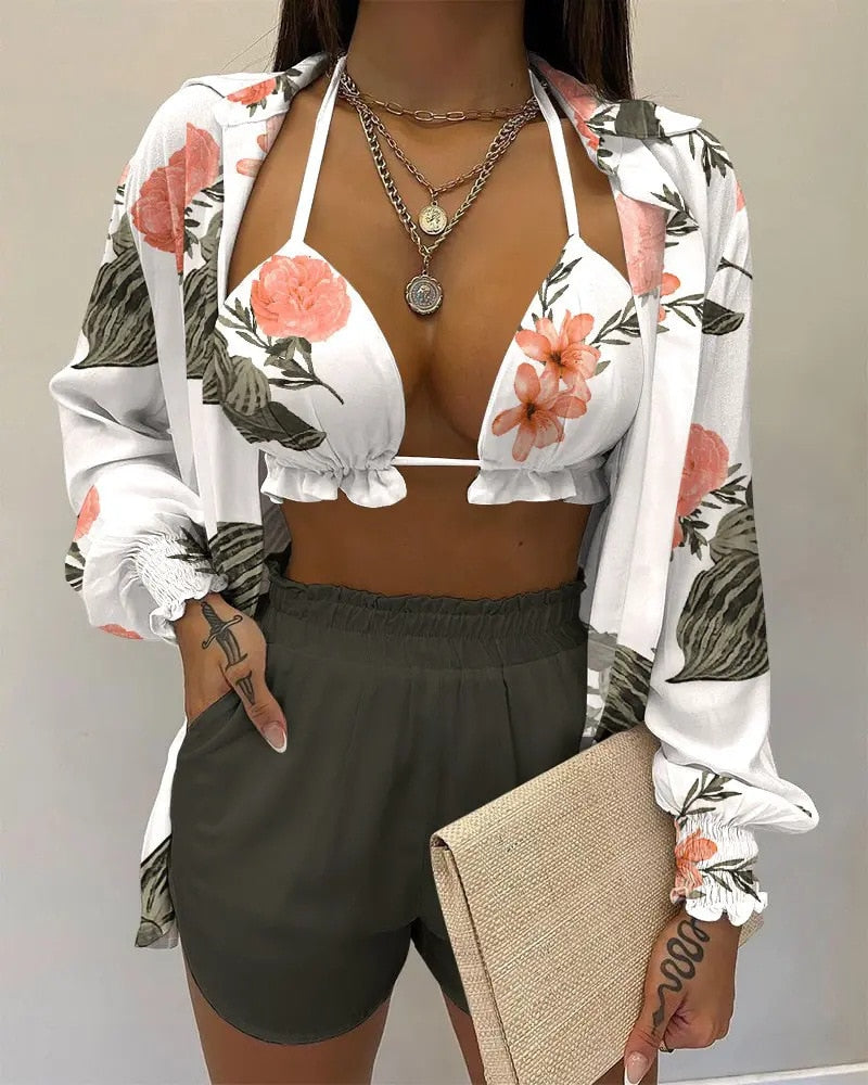 3 Piece Fashion Beach Style Printed Suspender Shirt Shorts Set MULTI
