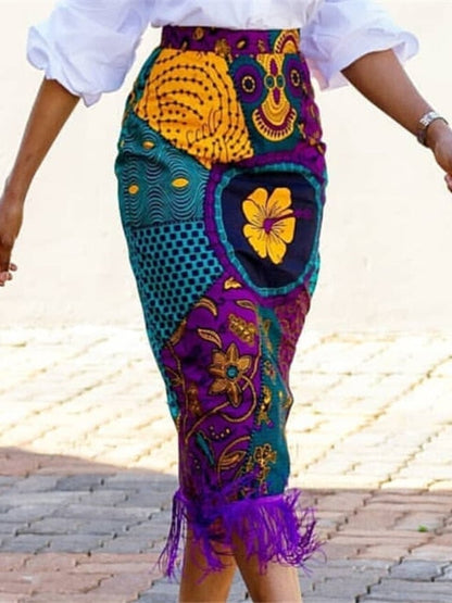 Summer Print Floral African Kente High Waist Long Skirt Printed