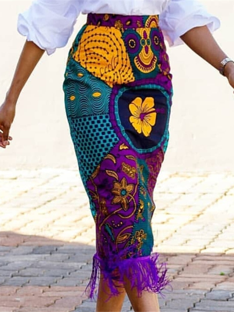 Summer Print Floral African Kente High Waist Long Skirt
