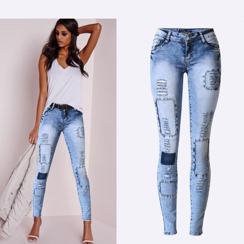 Summer Style Low Waist Sky Blue Patchwork Skinny Tights Pencil Jeans High Stretch Push Up Denim Fashion Jeans