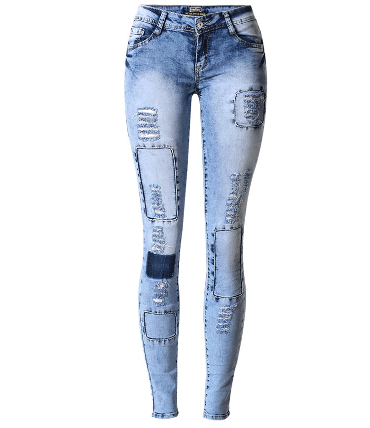 Summer Style Low Waist Sky Blue Patchwork Skinny Tights Pencil Jeans High Stretch Push Up Denim Fashion Jeans Sky Blue