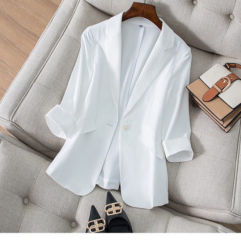 Tencel Linen Small Suit Jacket Three quarter Sleeve Summer New Korean Style Temperament Slim Fit Thin Top White S
