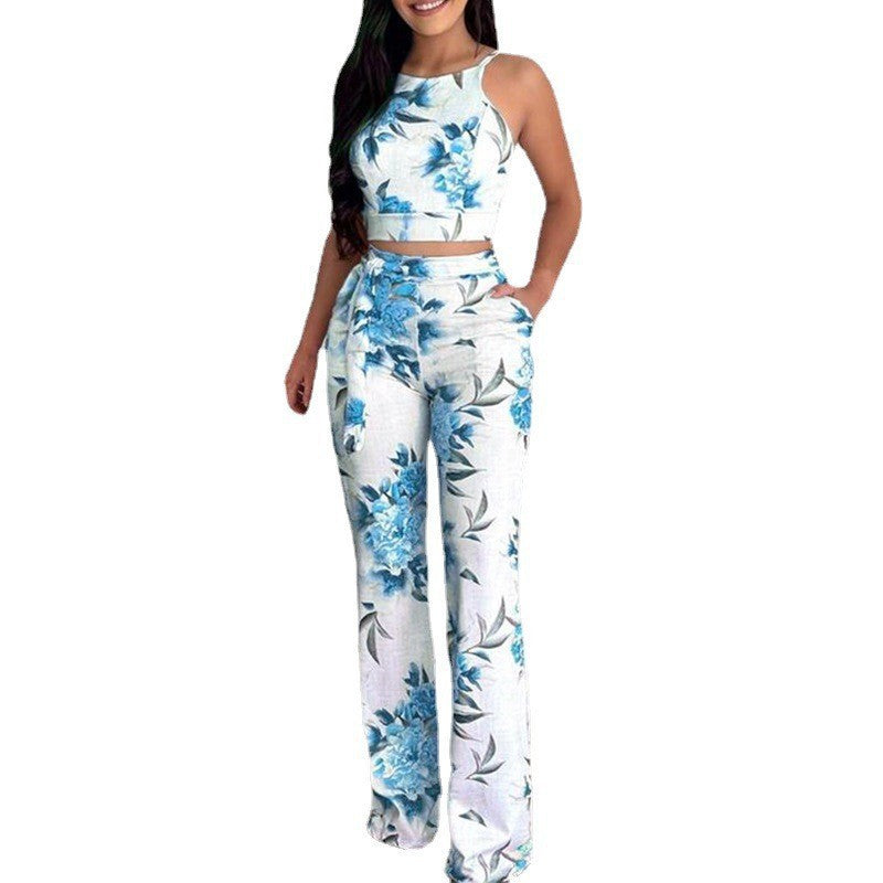 New Urban Leisure Print Top Pants Two piece Outfit Light blue