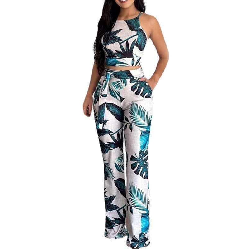 New Urban Leisure Print Top Pants Two piece Outfit Dark blue