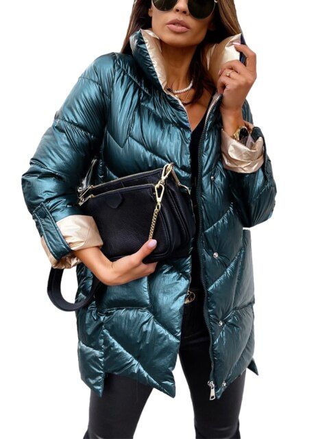 The United States new women solid colour glossy retractable sleeves zip cardigan cotton jacket Green