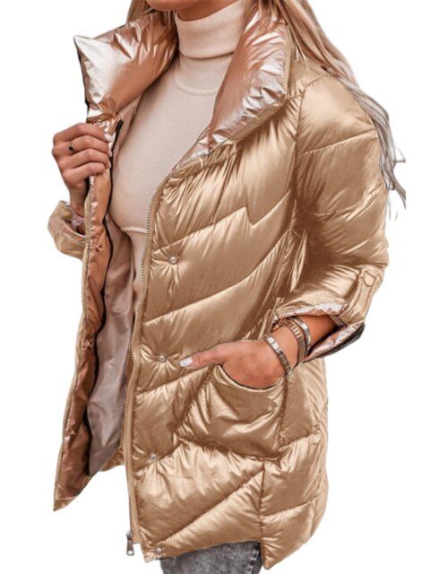 The United States new women solid colour glossy retractable sleeves zip cardigan cotton jacket Champagne Gold